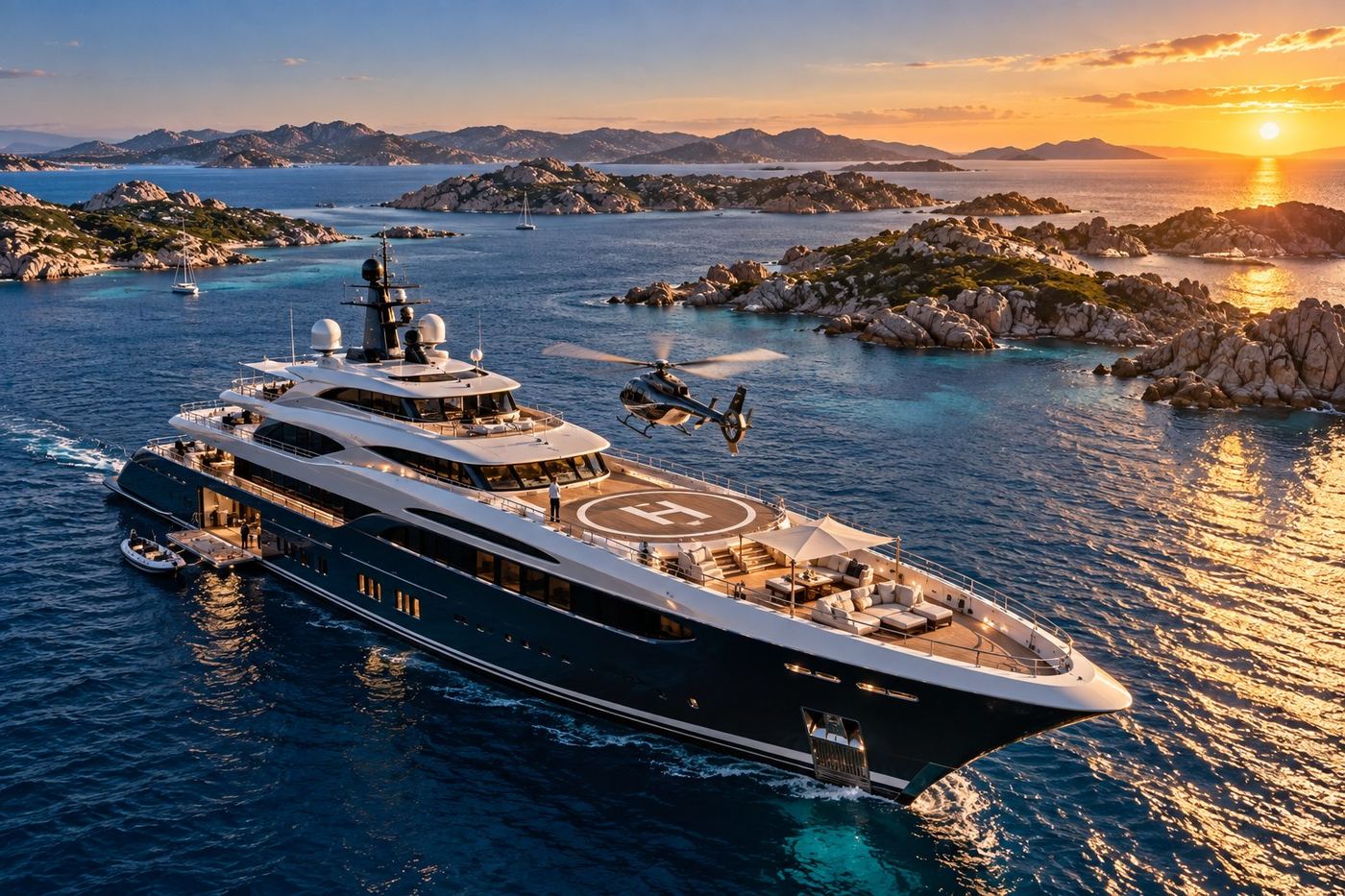 Elicottero in avvicinamento all'elipiattaforma di uno yacht al tramonto, faraglioni di Capri sullo sfondo