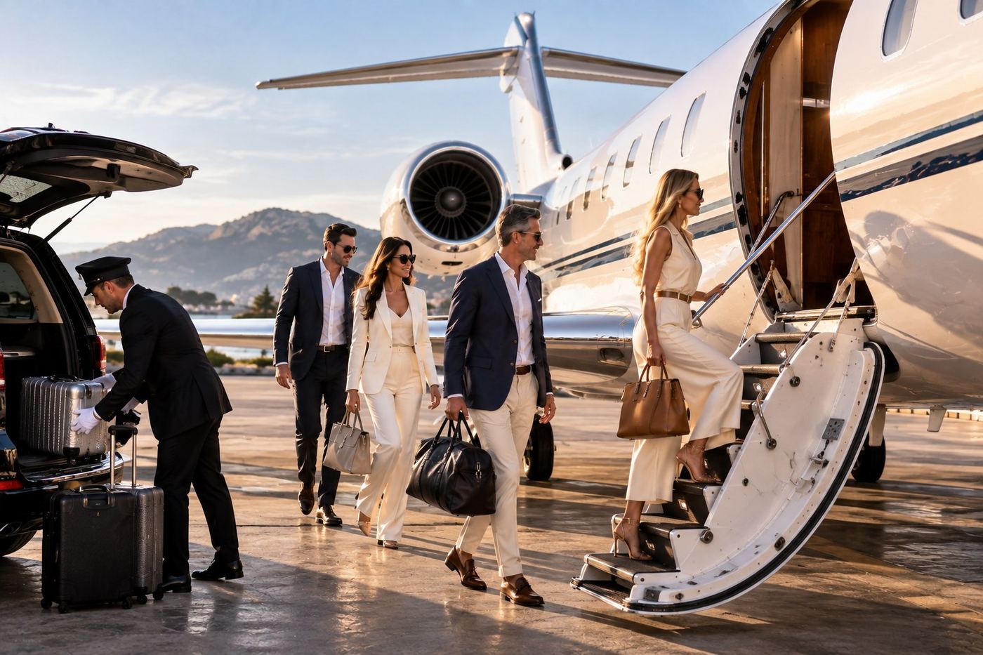 Passeggeri scendono dalla scaletta di un jet privato all'arrivo