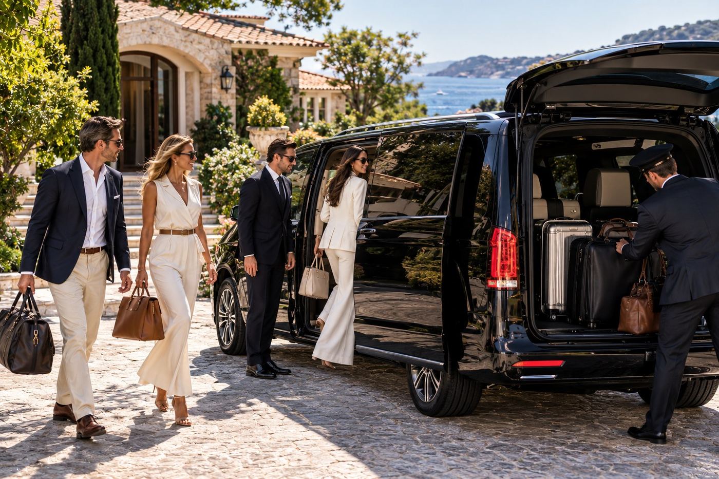 Passeggeri caricano i bagagli su un van NCC davanti a una villa privata