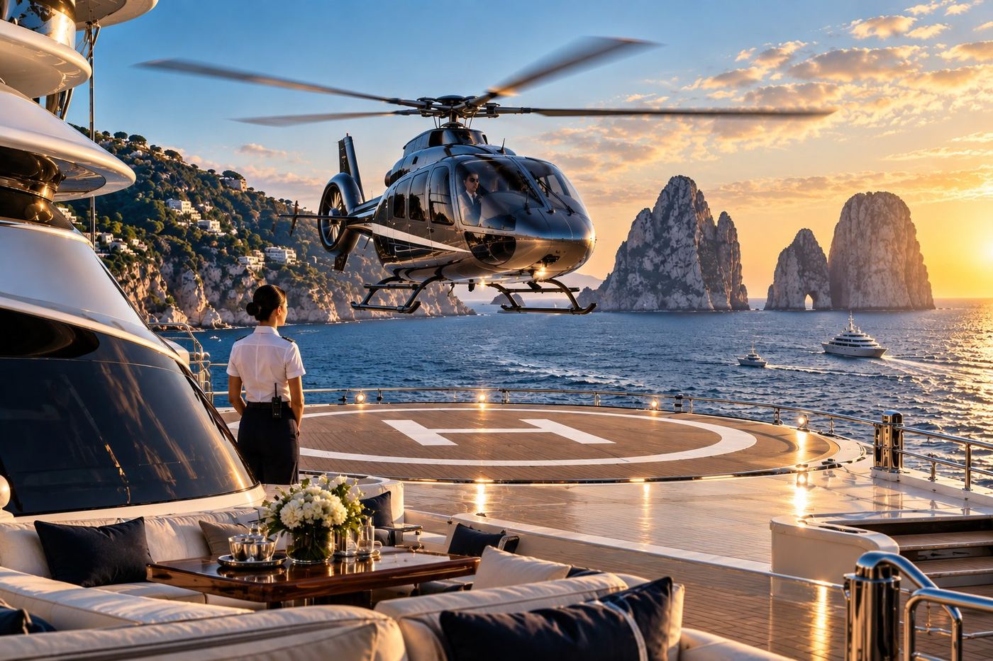 Yacht con elipiattaforma ed elicottero in avvicinamento tra le isole al tramonto