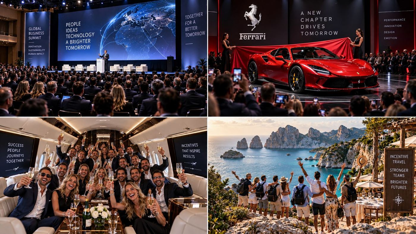 Business summit, lancio di prodotto, brindisi a bordo del jet e team building aziendale