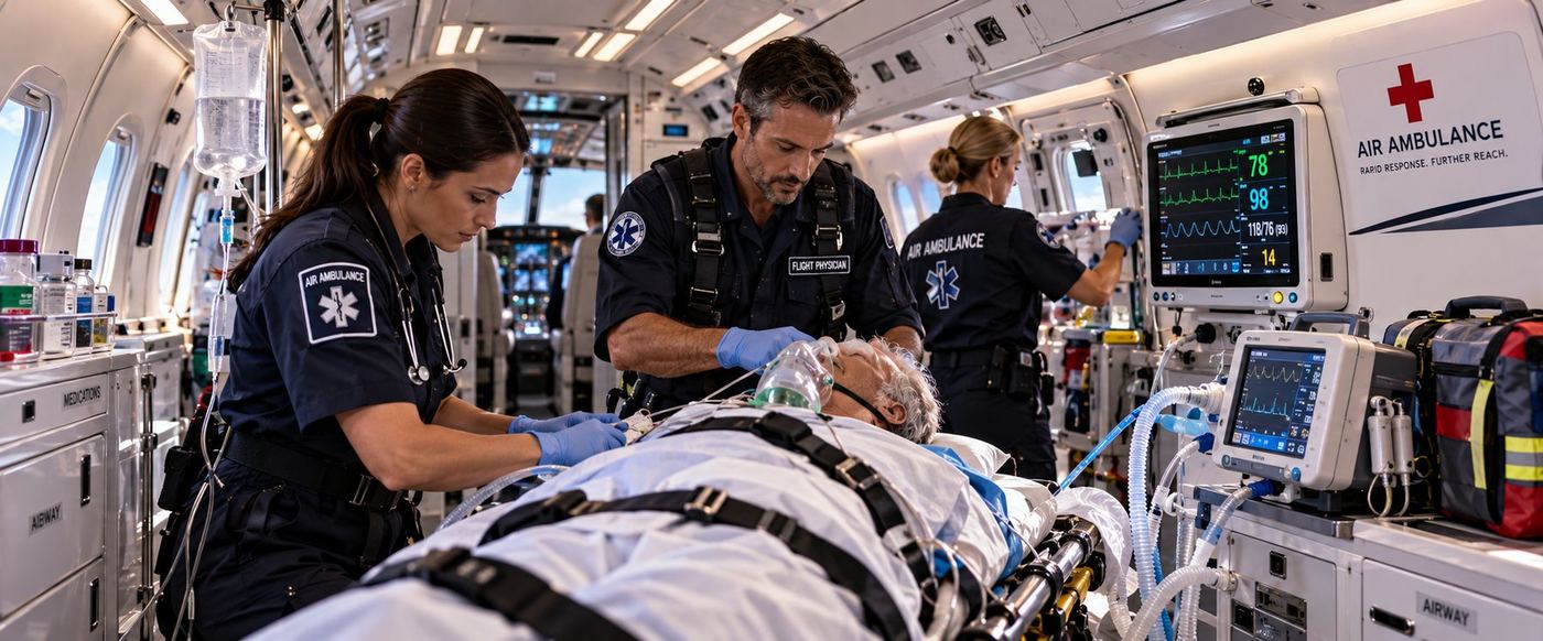 Equipe medica a bordo di un aereo air ambulance durante un volo medevac